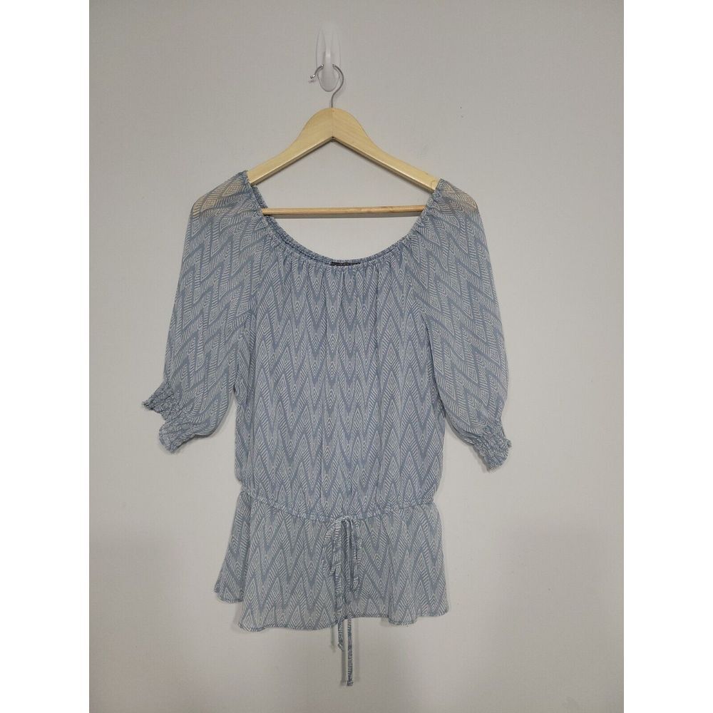Luxology Anthropologie Women's Top Size XS Baby Blue Geometric Waist Tie Sheer